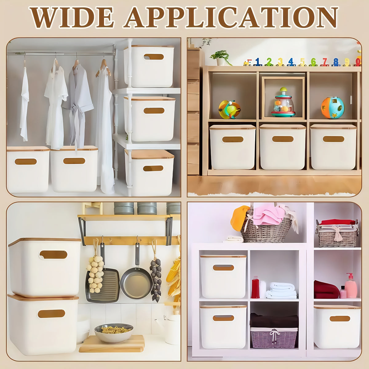 Storage Bins with Lids Wood Top, Plastic Stackable Storage Containers with Handle & Labels, Organizer Boxes for Home, Office, Bookshelf, Playroom & Medicine Cabinet, White, Set of 1/2/4/8