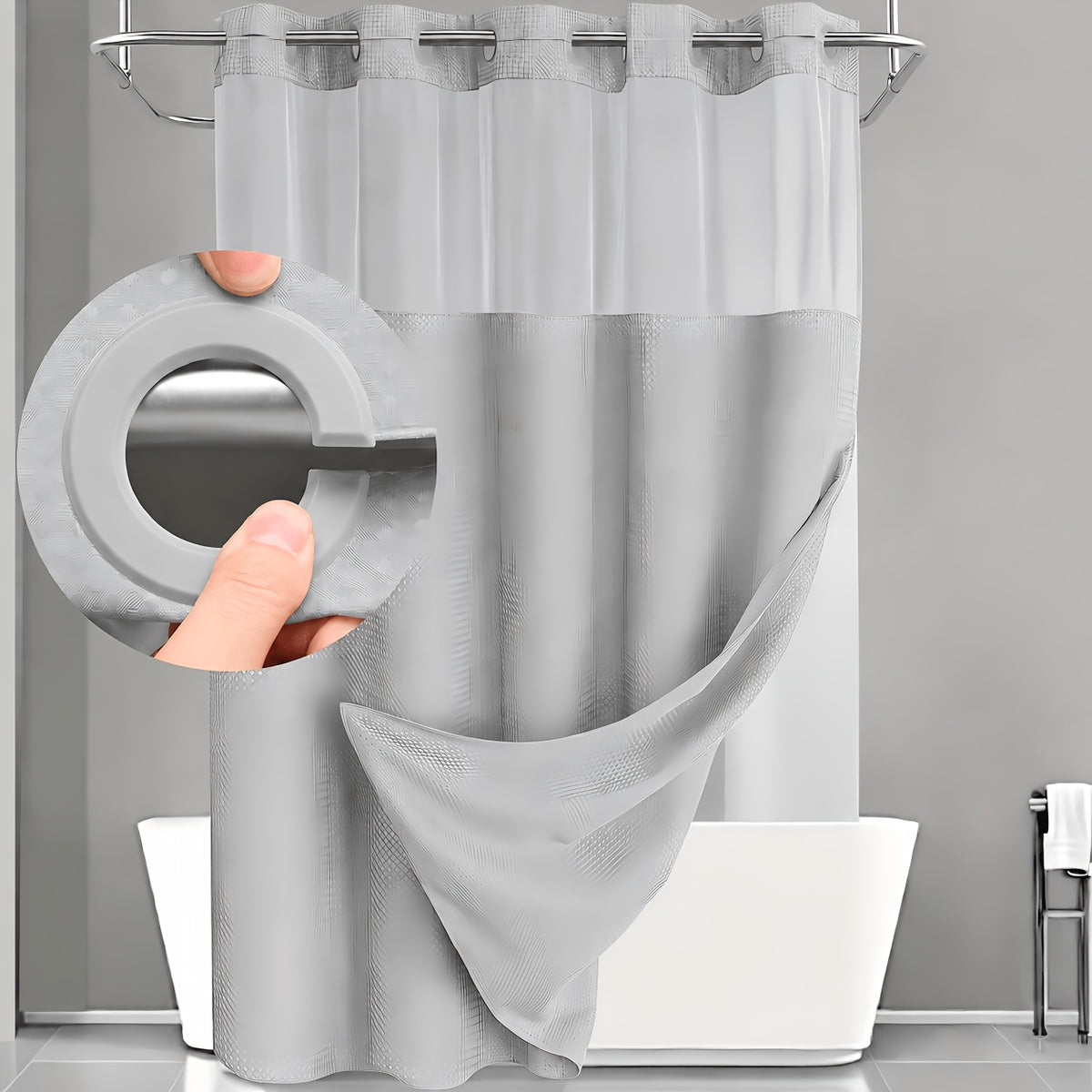 Hookless Shower Curtain Waffle Pattern with Snap-On Liner - Luxury Hotel Style Bathroom Decor, No Hooks Needed, Cloud White Dark Night Deep Gray, Holiday Housewarming Gift
