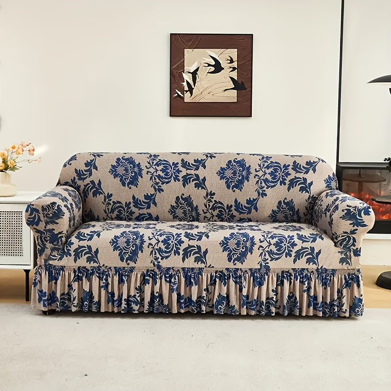 Printed Skirt Design Sofa Cover with Anti-Slip Fixing Rods – High Elasticity Four-Season Fiber Slipcover Keeps Sofa Neat & Beautiful