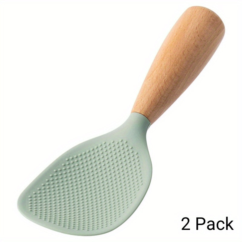 Silicone Rice Spoon with Wooden Handle 2 Pack Heat Resistant Standing Serving Spatula for Nonstick Pans Rice Cooker Grains Potato Orange White Green Gray Black