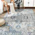 Washable Vintage Area Rug - Chenille Retro Distressed Multi-Print Foldable Lightweight Accent Rug for Entryway Bathroom Kitchen Living Room and Bedroom