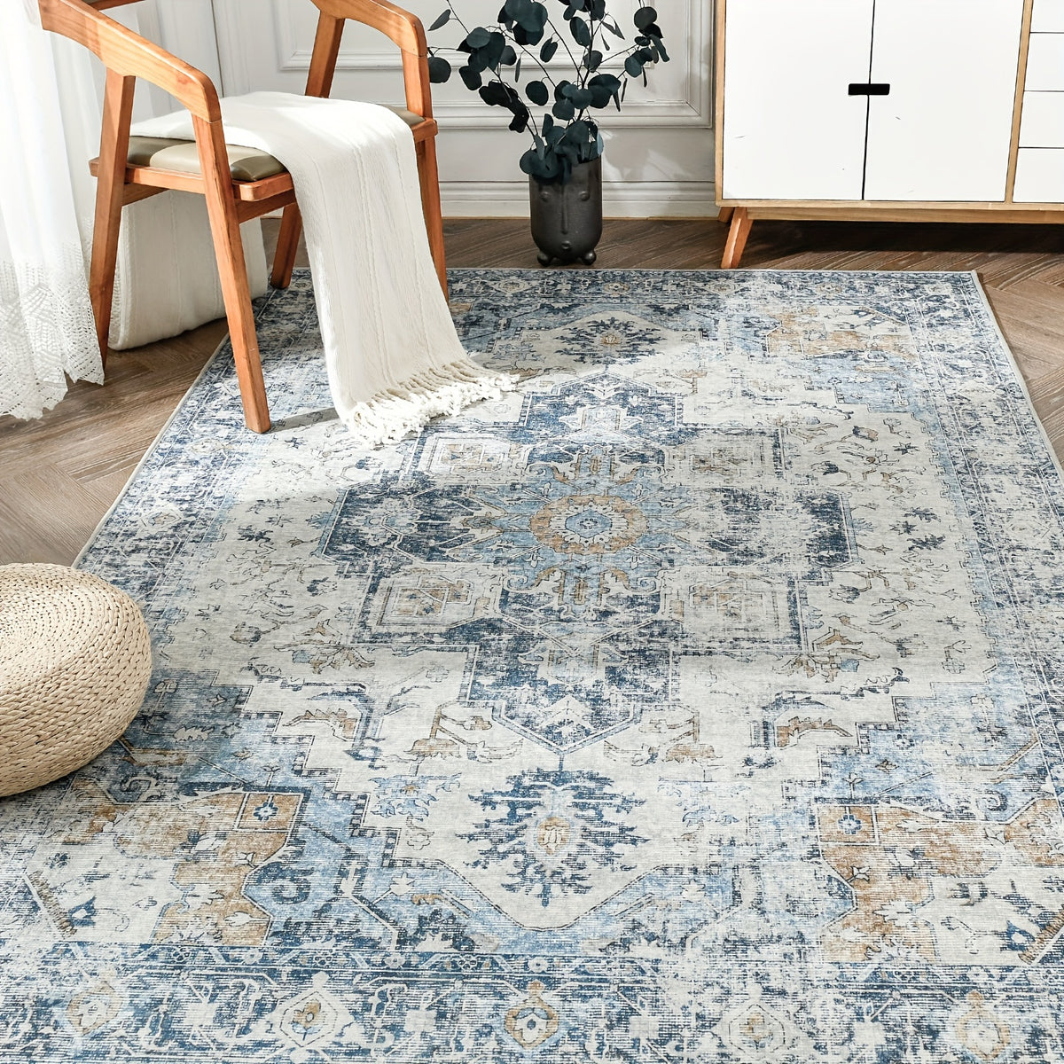 Washable Vintage Area Rug - Chenille Retro Distressed Multi-Print Foldable Lightweight Accent Rug for Entryway Bathroom Kitchen Living Room and Bedroom