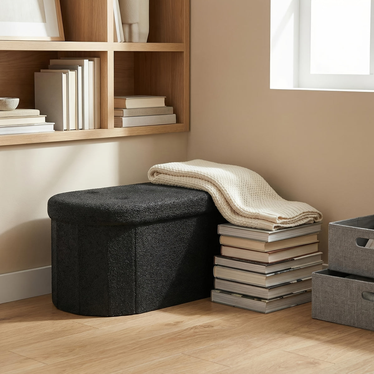 Folding Storage Ottoman Bench – Oval Round Cushioned Foot Stool with Storage Chest, 250 lb Capacity, 30" & 43", Black & White