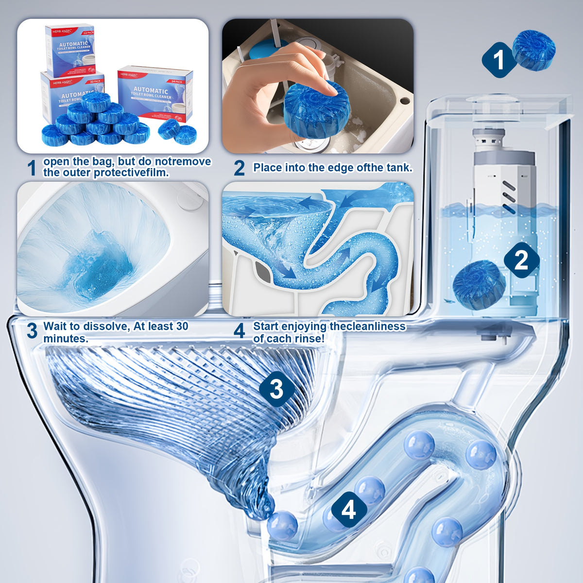 Toilet Bowl Cleaner Tablets Automatic – 12 / 24 / 32 Count Blue Blocks, Low Odor, Stain Removing & Long-Lasting Deodorant for Home & RV