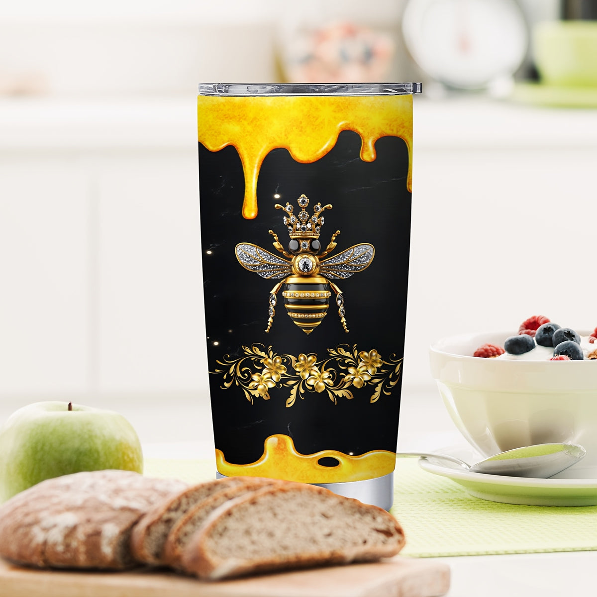 Queen Bee Tumbler 20oz Stainless Steel Insulated Travel Mug with Lid & Straw - Bee Lover Gift for Women Oval Shape