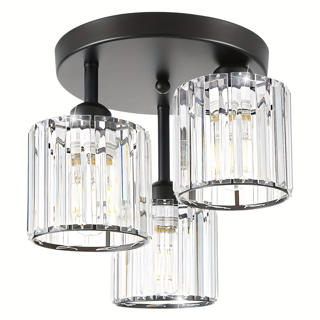 Crystal Semi Flush Mount Ceiling Light 3-Light Modern Chandelier with Transparent Glass Shades for Kitchen Hallway Bedroom Living Room – Black or Gold