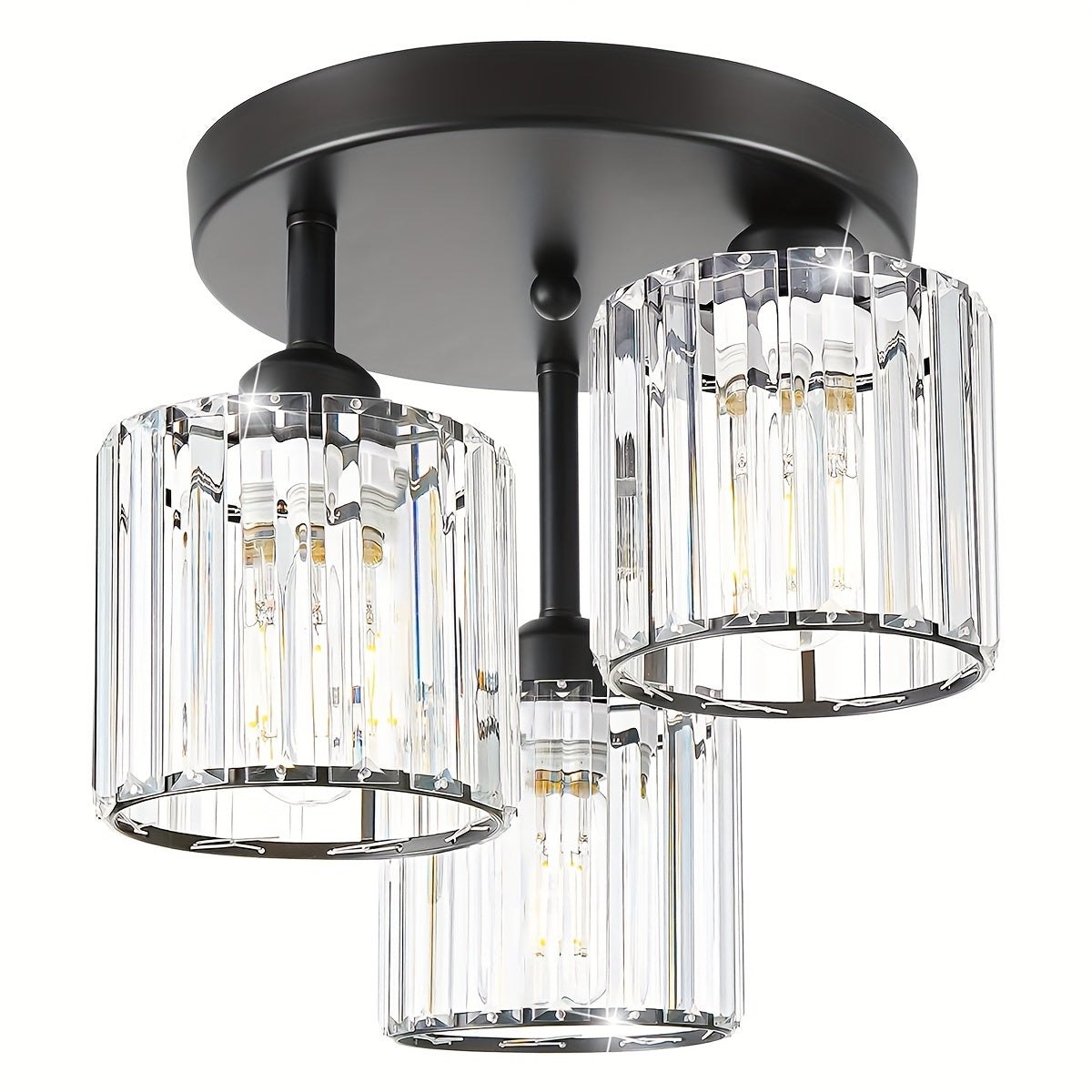 Crystal Semi Flush Mount Ceiling Light 3-Light Modern Chandelier with Transparent Glass Shades for Kitchen Hallway Bedroom Living Room – Black or Gold