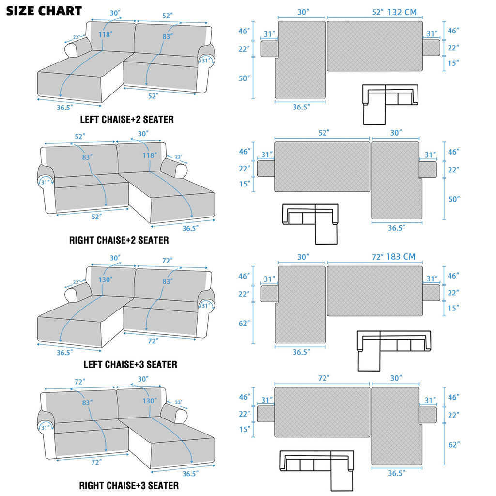 L-Shaped Sectional Sofa Cover 100% Liquid-Resistant Couch Slipcover with Non-Slip Straps for Dogs Cats Pets Left Right Chaise