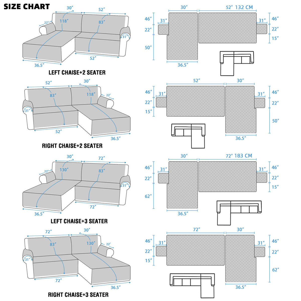 L-Shaped Sectional Sofa Cover 100% Liquid-Resistant Couch Slipcover with Non-Slip Straps for Dogs Cats Pets Left Right Chaise