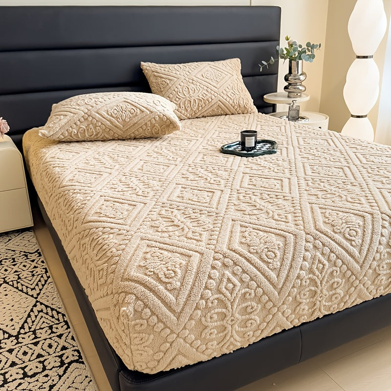 Embossed Fitted Sheet Set Super Soft Deep Pocket - European Texture Bed Sheets All Season, Machine Washable, Optional Pillowcases, Twin Full Queen King Sizes, 5 Colors Bedroom Bedding