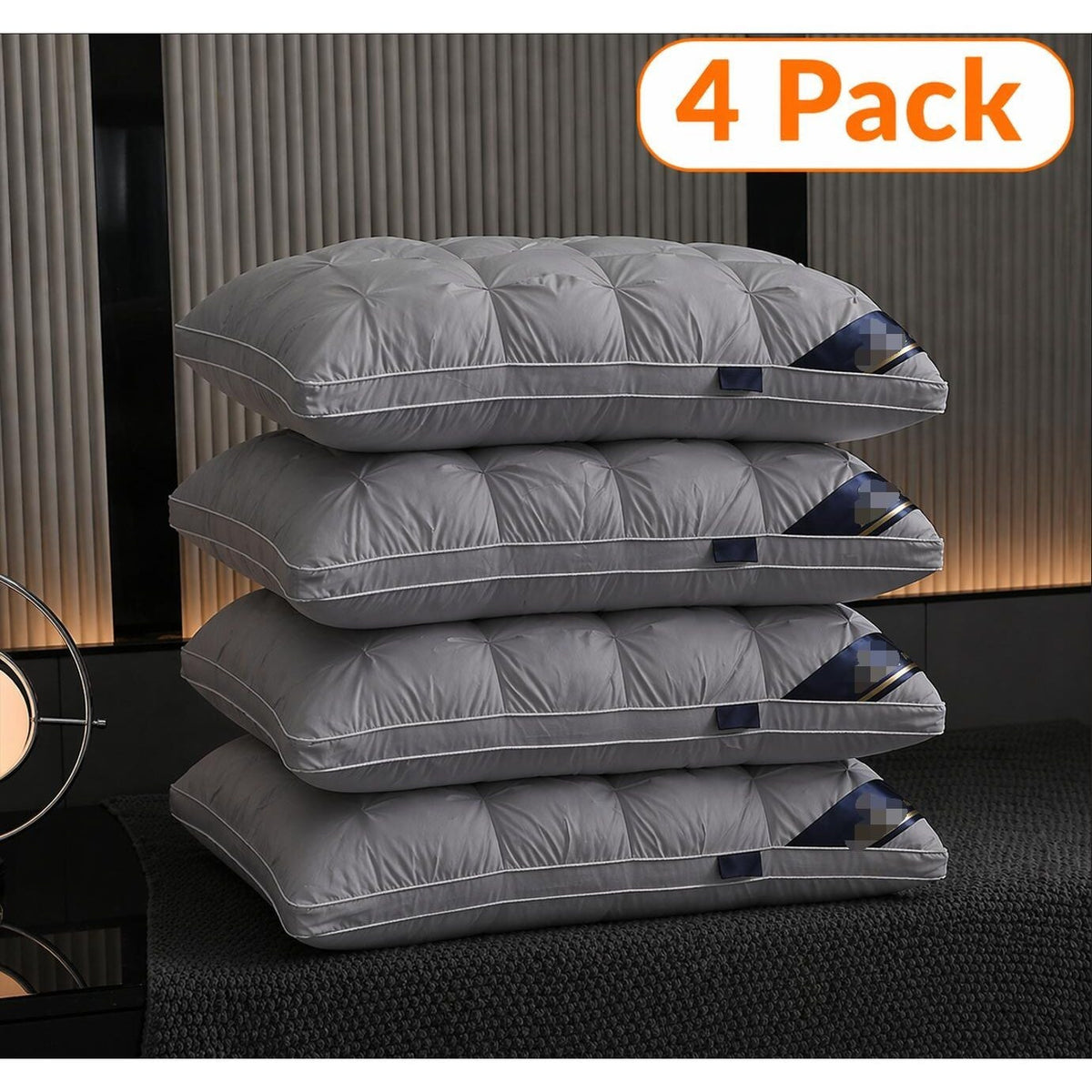 Hotel Quality Bed Pillows - Luxury Soft Polyester Fiber Satin Cover, Deep Sleep Neck Support No-Collapse, Zipper Closure Machine Washable, All-Season, 1/2/3/4-Pack White & Gray