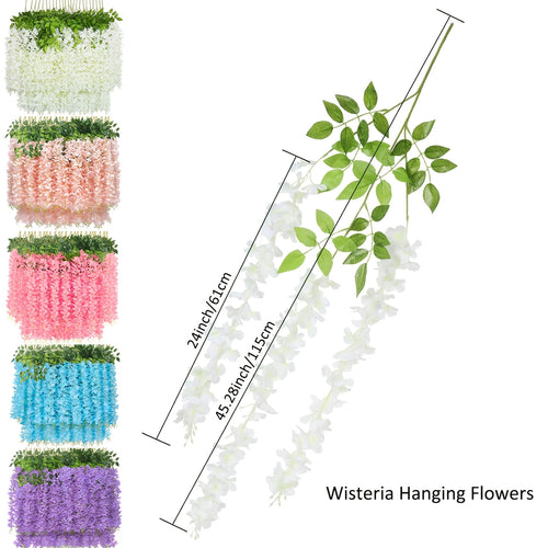 24 Pack Fake Wisteria Hanging Flowers 3.6 Feet Long, Artificial Wisteria Vine Garland for Wedding, Garden & Wall Decoration – White, Pink, Purple, Light Pink & Blue