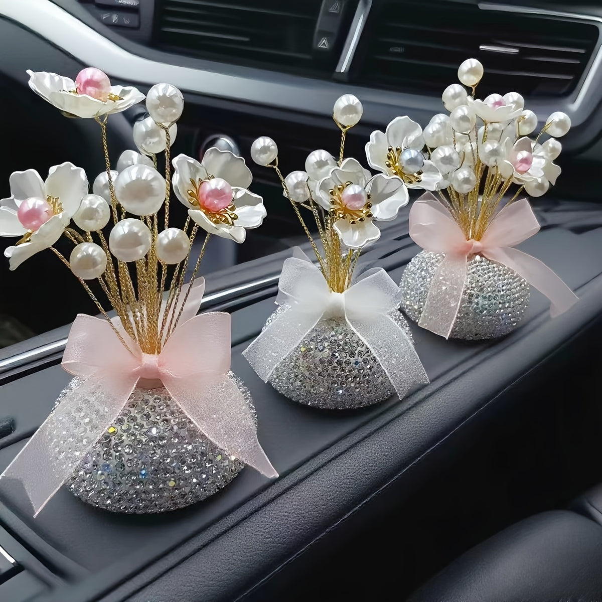 Crystal Simulation Flower Decoration Set of 2 - Handmade Faux Crystal Flowers for Car Center Console Home Decor and Desk - Elegant Gift for Mothers Day Birthday and Valentines Day Holiday Parties