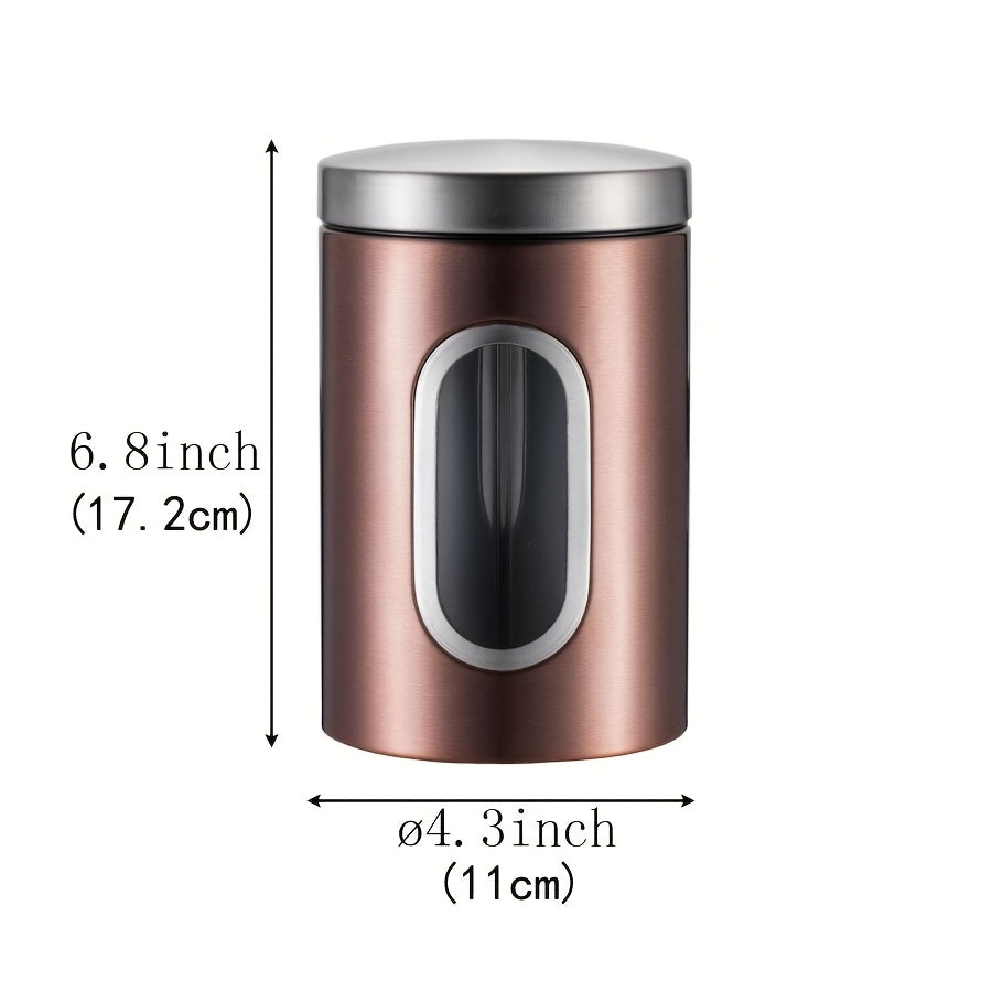 Airtight Stainless Steel Canister Set of 3 – Copper Finish with Visible Window, Round Food Storage Containers for Coffee Beans, Tea, Sugar, Flour & Pantry