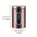 Airtight Stainless Steel Canister Set of 3 – Copper Finish with Visible Window, Round Food Storage Containers for Coffee Beans, Tea, Sugar, Flour & Pantry