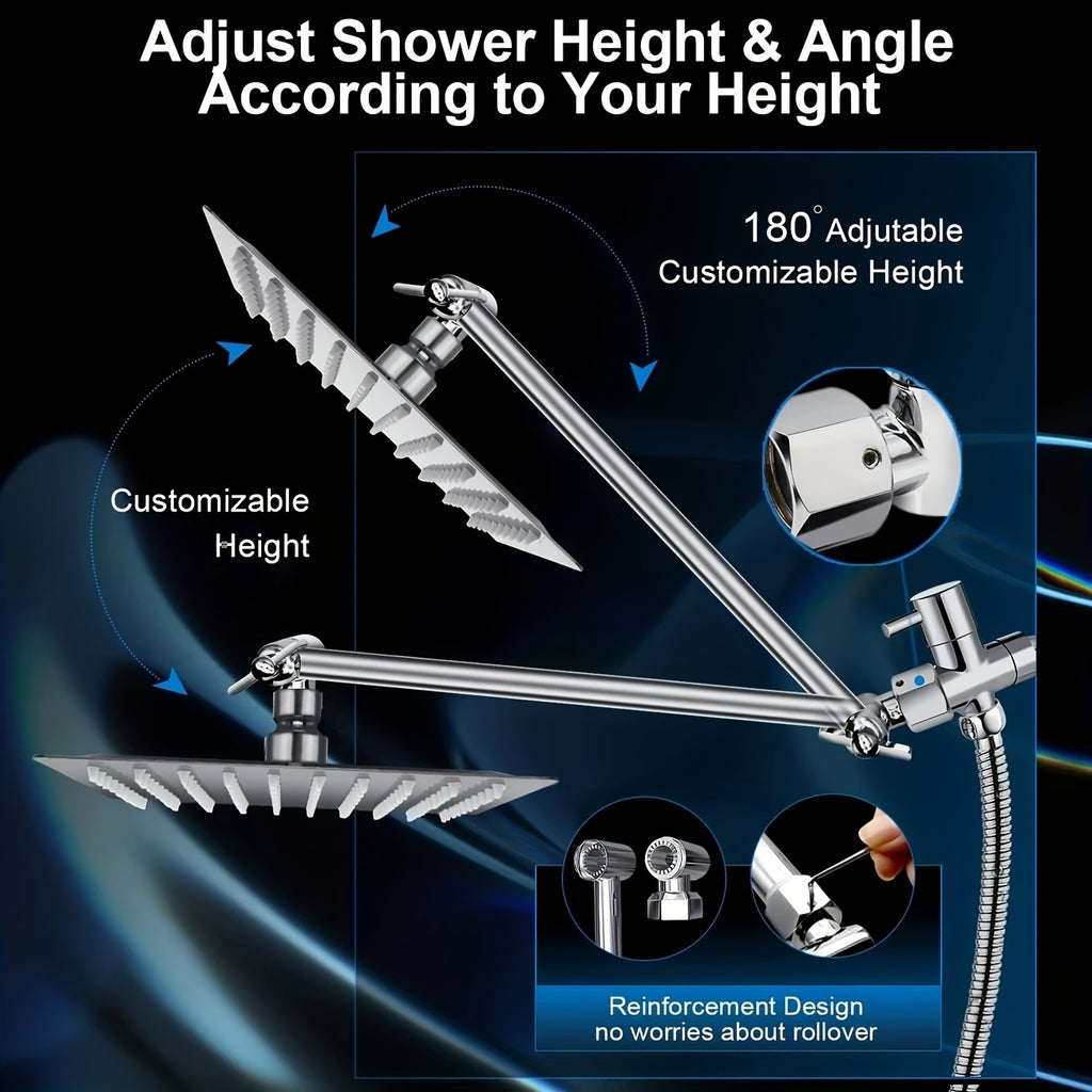 High Pressure Shower Head with Handheld Combo 9-Spray Settings 8 10 12 Inch Rainfall Stainless Steel Hose Adjustable Bracket Chrome Black