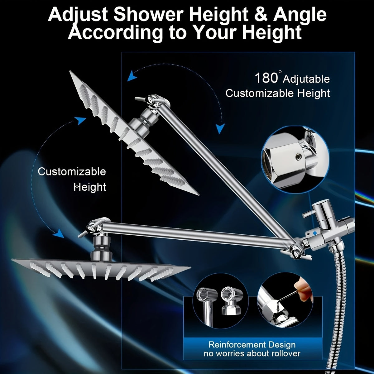 High Pressure Shower Head with Handheld Combo 9-Spray Settings 8 10 12 Inch Rainfall Stainless Steel Hose Adjustable Bracket Chrome Black