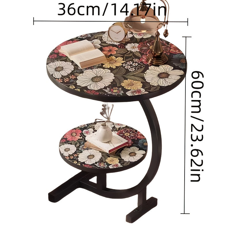 2-Tier Metal Outdoor Side Table, Floral Round Balcony & Patio Table, Sturdy Compact Design, Easy Assembly, for Patio, Courtyard, Balcony & Garden — Multiple Styles