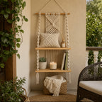 Bohemian Hand-Woven Wooden Wall Rack – Decorative Floating Shelf for Bedroom & Bathroom, Boho Wall Decor Storage Organizer