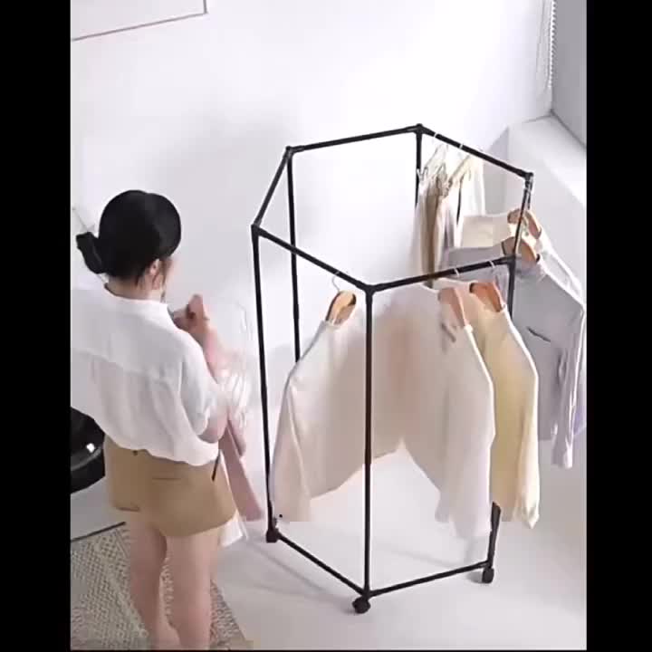 360° Rotating Clothes Rack with Wheels Heavy Duty Metal Hexagonal Garment Organizer for Bedroom Closet Laundry Room