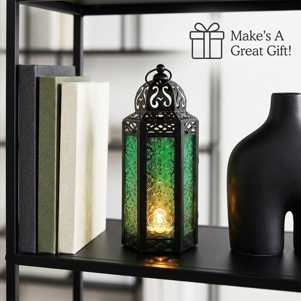 Moroccan Candle Lantern Holder Medium 10.5 Inch – Handcrafted Glass Iron Metal Lantern with Embossed Floral Panels, 17 Colors, Indoor Outdoor Use for Ramadan, Wedding, Patio, Diwali & Home Decor