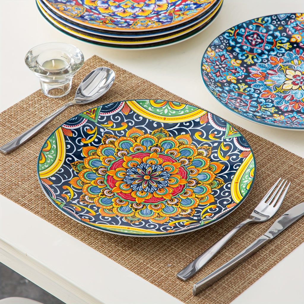 Bohemian Porcelain Dinner Plate Set of 6 - 10.5 Inch Large Serving Plates, Microwave & Dishwasher Safe, Elegant Ceramic Dinnerware for Daily Use, Parties & Gifting