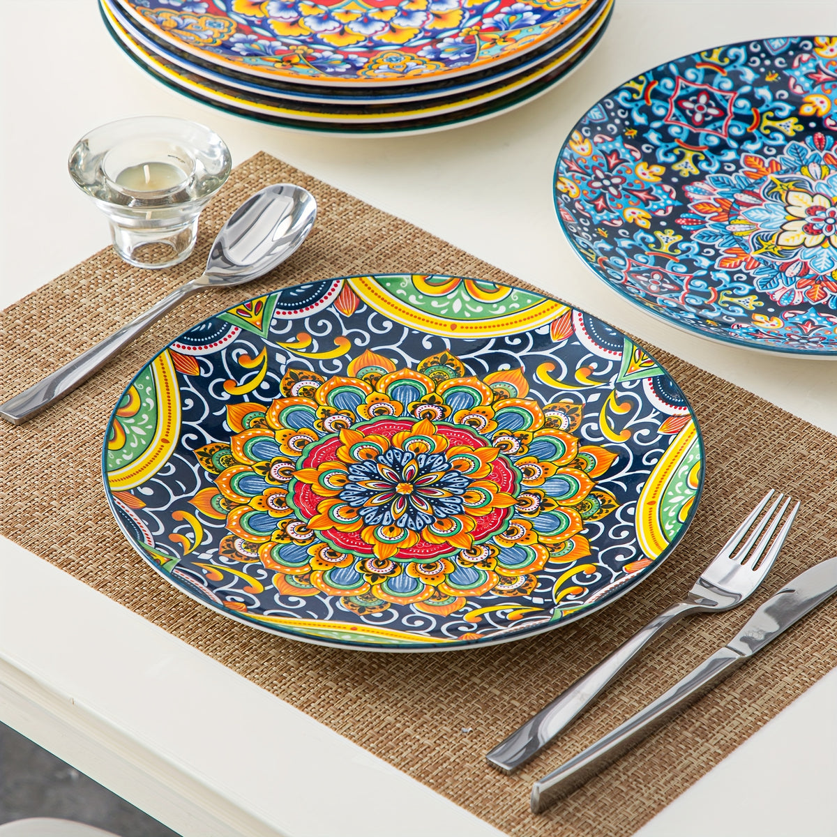 Bohemian Porcelain Dinner Plate Set of 6 - 10.5 Inch Large Serving Plates, Microwave & Dishwasher Safe, Elegant Ceramic Dinnerware for Daily Use, Parties & Gifting