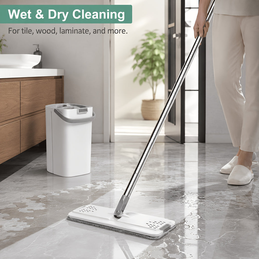 Flat Mop and Bucket Set Self-Cleaning – 6 Washable Microfiber Pads, Hands-Free Wringing Wet Dry Floor Mop for Hardwood, Tile & Laminate