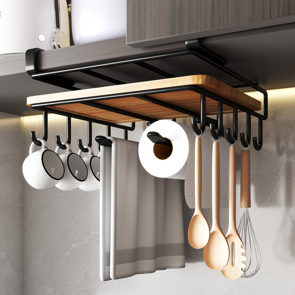 Under Cabinet Organizer Rack with Double Row Hooks Heavy Duty Carbon Steel Kitchen Shelf for Utensils Towels Cups Cutting Boards – No-Drill Easy Install
