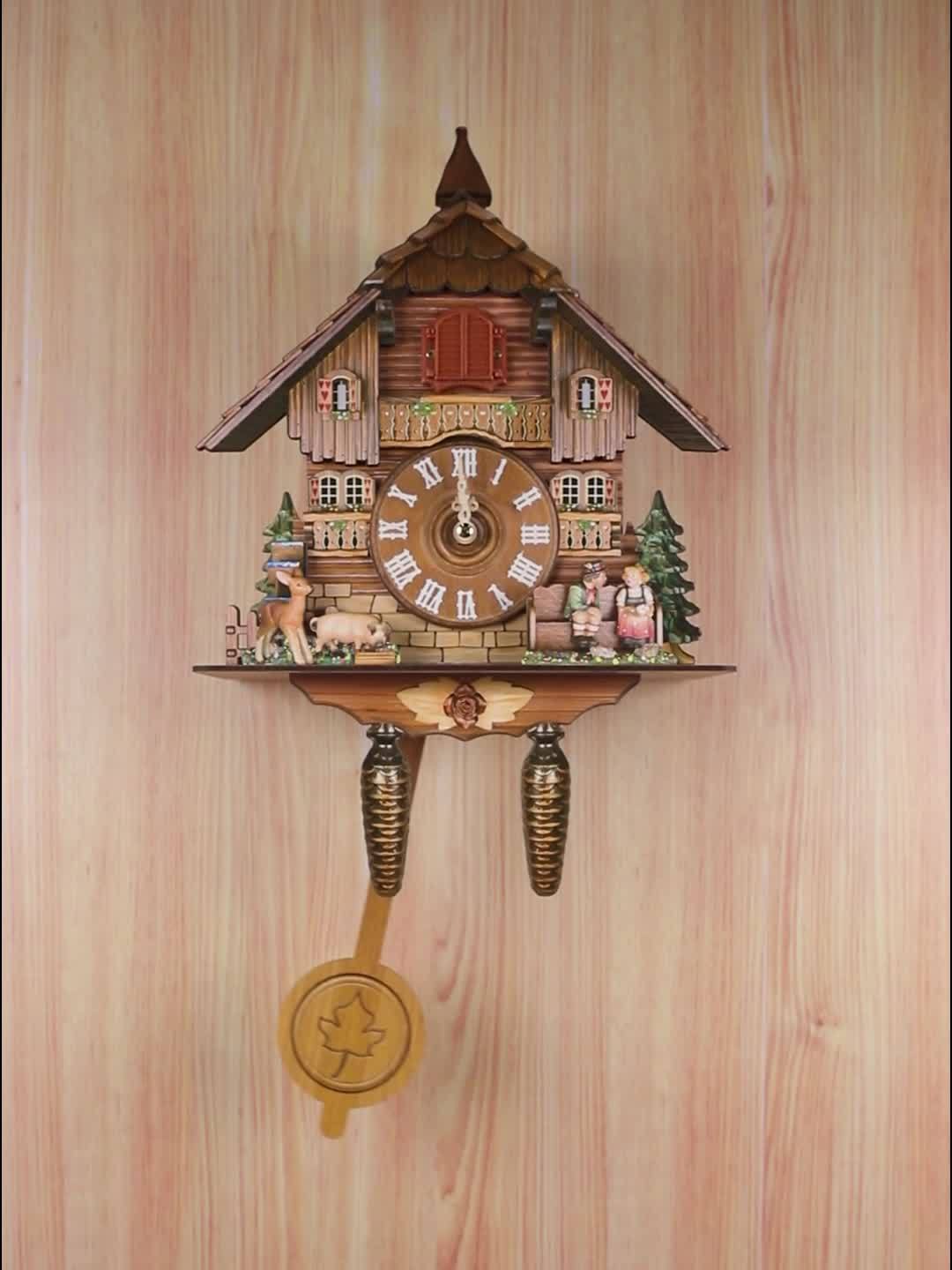 Wooden European Forest Style Cuckoo Wall Clock with Night Mode & Singing Bird – Battery Operated Handmade Carved Cuckoo Clock for Adult Bedroom, Living Room & Home Decor