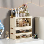 Makeup Organizer with Transparent Drawers 3/4 Tier – Foldable Large Capacity Stackable Cosmetic Storage Cabinet, Retro White & Gold Aesthetic Organizer for Skincare, Documents & Books, Elegant Girl Gift