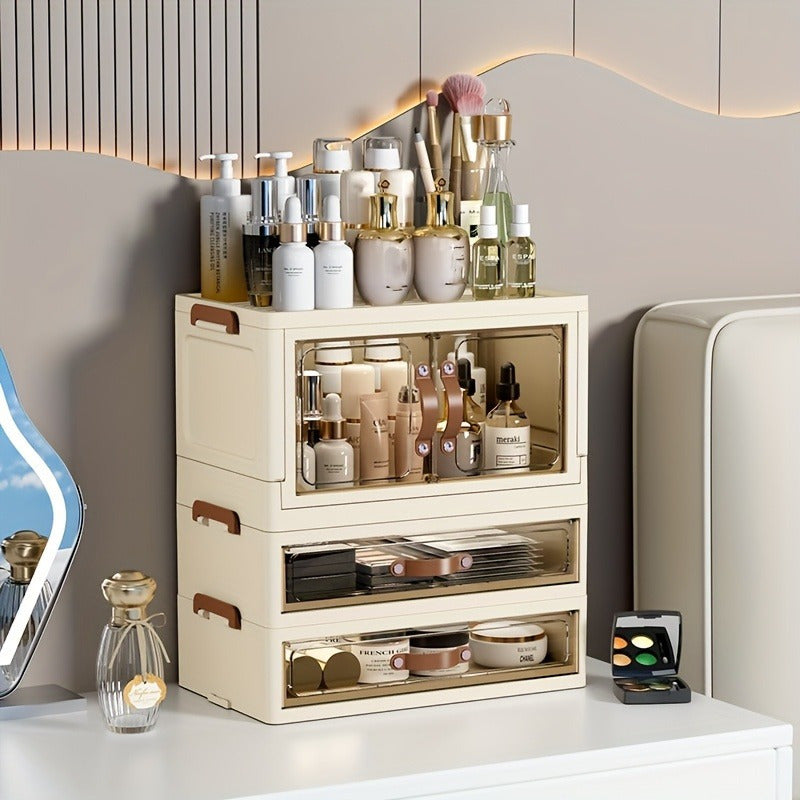 Makeup Organizer with Transparent Drawers 3/4 Tier – Foldable Large Capacity Stackable Cosmetic Storage Cabinet, Retro White & Gold Aesthetic Organizer for Skincare, Documents & Books, Elegant Girl Gift