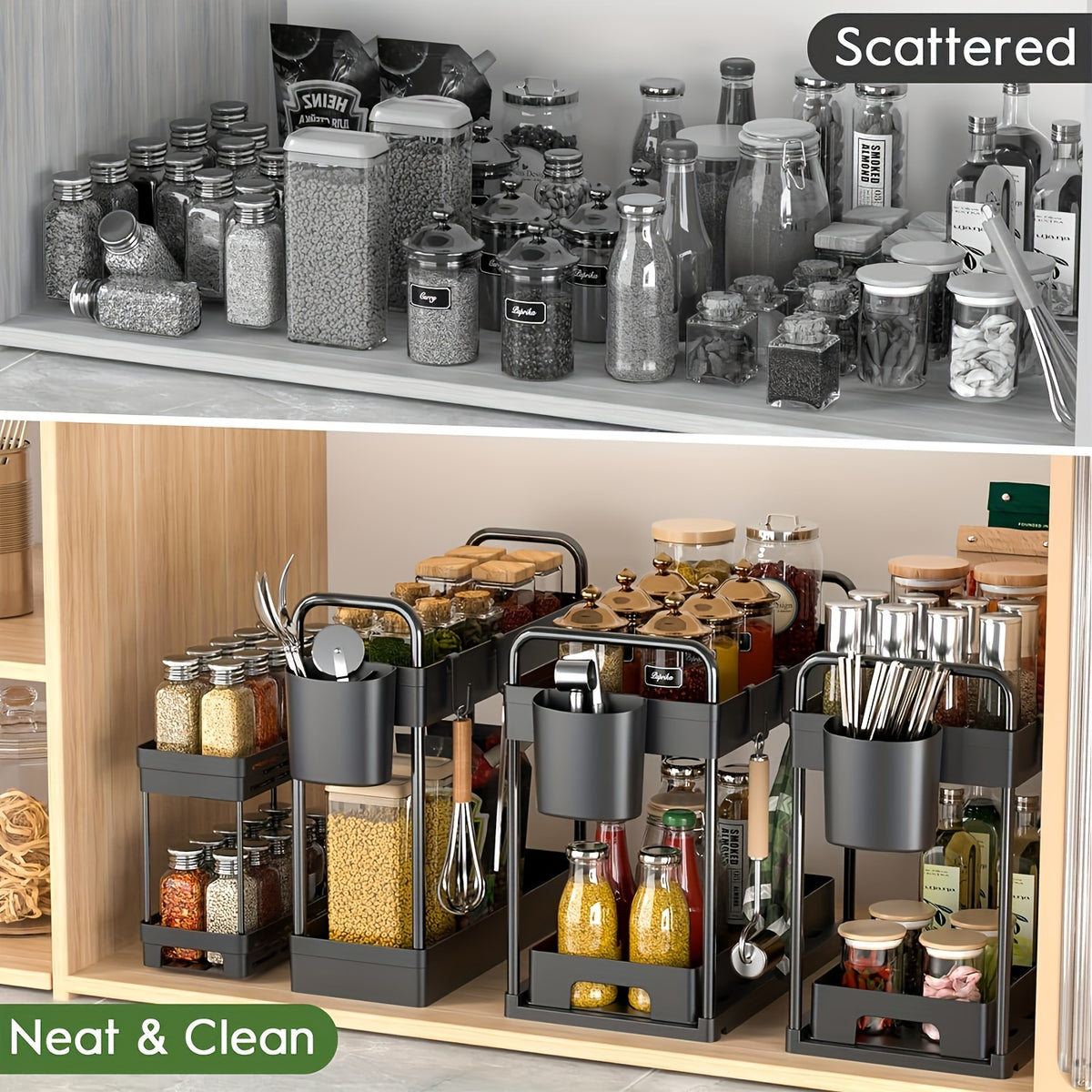 Under Sink Organizer 4-Piece Adjustable Multi-Layer Storage Rack – Metal & Plastic Cabinet Shelf with Hanging Cups & Hooks for Kitchen Bathroom Spice Rack Space-Saving