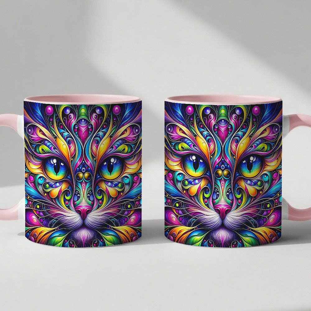 Psychedelic Cat Coffee Mug 11oz - Colorful Cute Cat Design Cup for Cat Lovers, Home & Office Use, Birthday & Holiday Gift