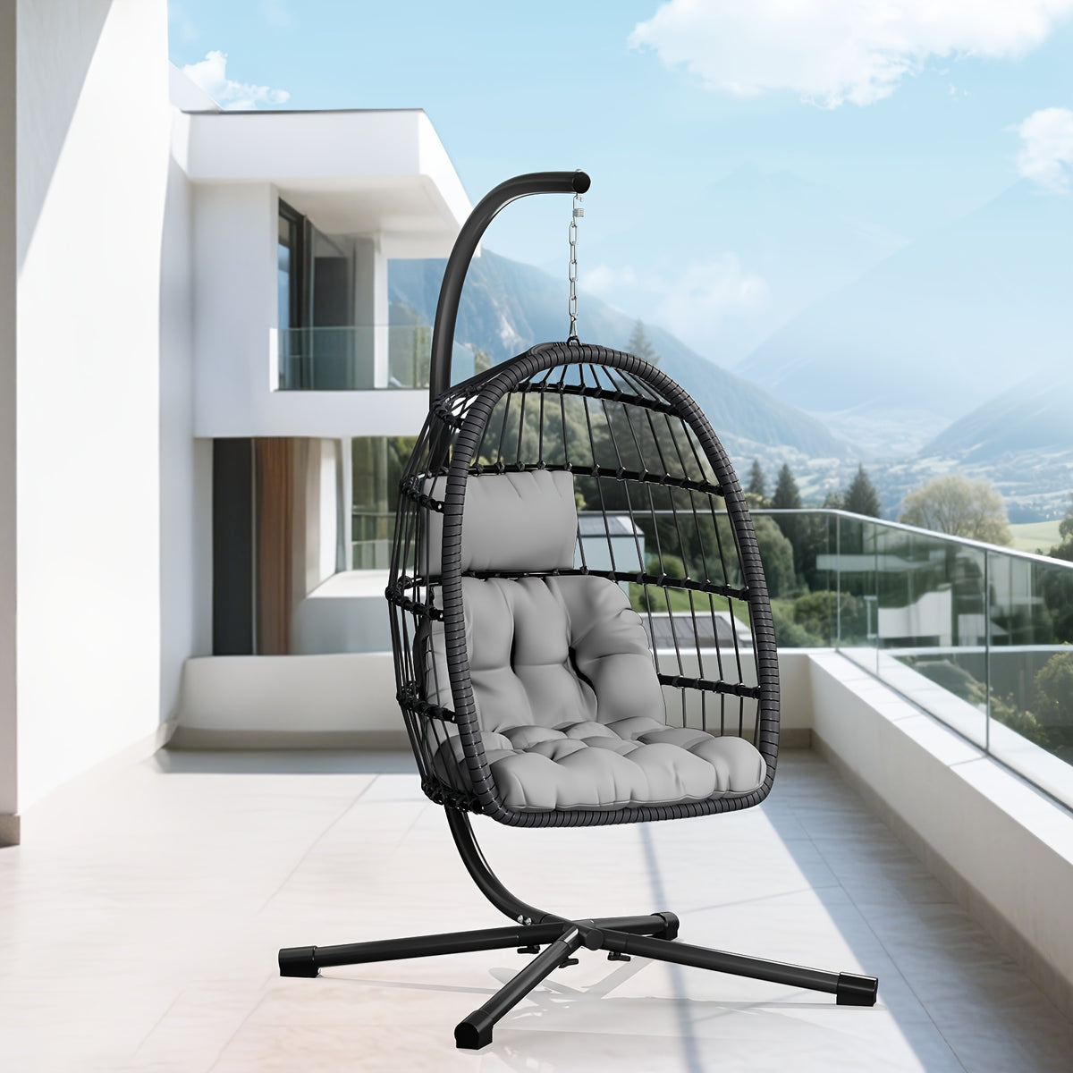 Egg Chair with Stand Rattan Wicker Outdoor Swing Hammock Chair Thickened Aluminum Frame UV-Resistant Cushion 350LBS Single or Two-Seater