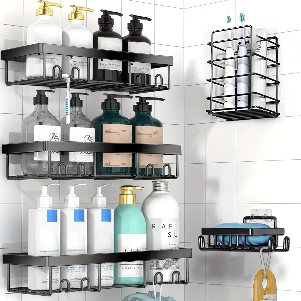 Shower Caddy 5 Pack Self-Adhesive Stainless Steel Shower Organizer Shelf - No Drilling Wall Mounted Bathroom Storage Rack, Large Capacity Rustproof Shower Basket - 10 Color Options