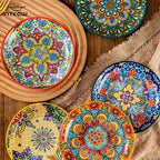 Bohemian Underglaze Ceramic Plate Set 6-Piece – 6 Inch Hand-Painted Shallow Plates for Fruits, Appetizers & Side Dishes | Lightweight & Microwave Safe Boho Dinnerware