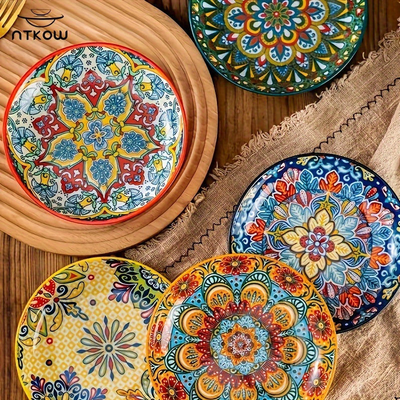 Bohemian Underglaze Ceramic Plate Set 6-Piece – 6 Inch Hand-Painted Shallow Plates for Fruits, Appetizers & Side Dishes | Lightweight & Microwave Safe Boho Dinnerware