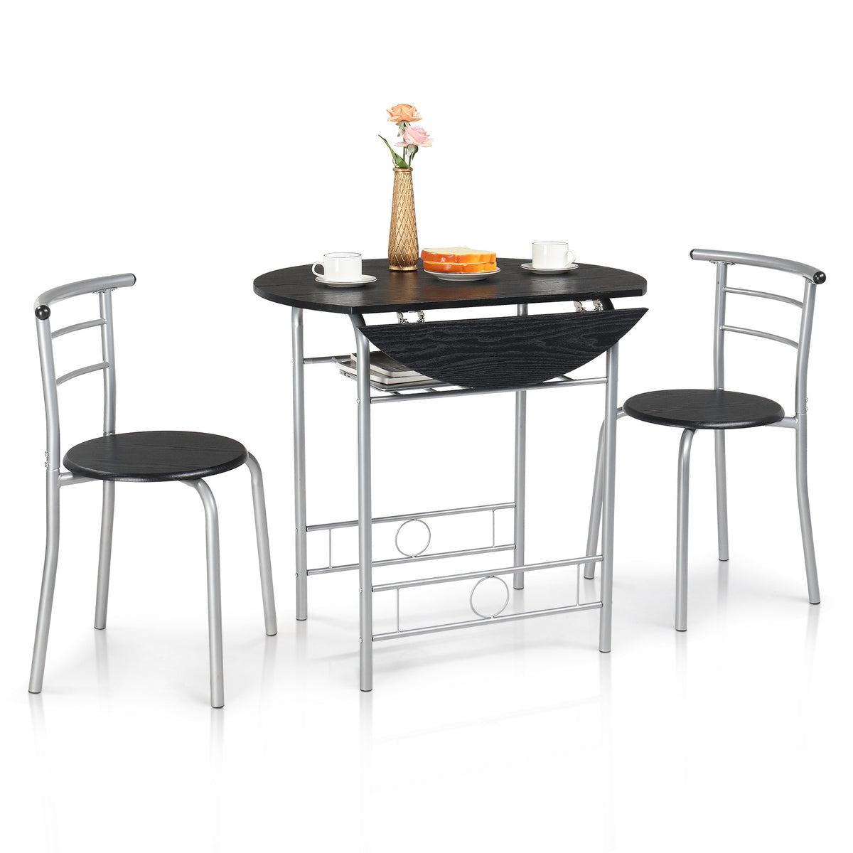 3-Piece Bistro Dining Set Drop Leaf Table and 2 Chairs Space Saving Kitchen Table Set for 2 with Wine Rack Metal Frame for Small Space Apartment Breakfast Nook