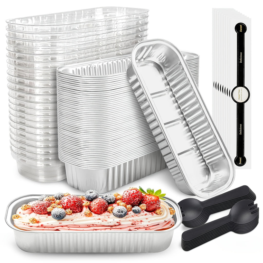 100 Pack Mini Aluminum Foil Cake Pans with Lids and Spoons - 6.8oz Rectangular Baking Pans for Mini Cheesecakes Desserts and Holiday Baking - Disposable Bakeware Set