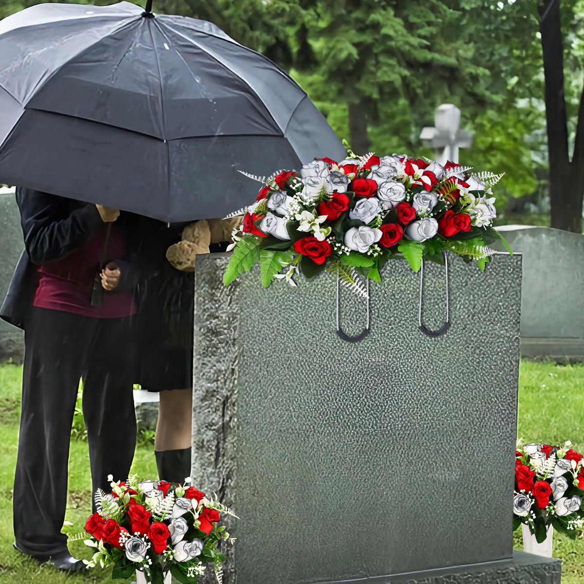 Artificial Cemetery Flowers for Grave with Saddles Silky Rose Bouquets with Vases Headstone Flower Saddle Memorial Day Outdoor Grave Headstone Decoration