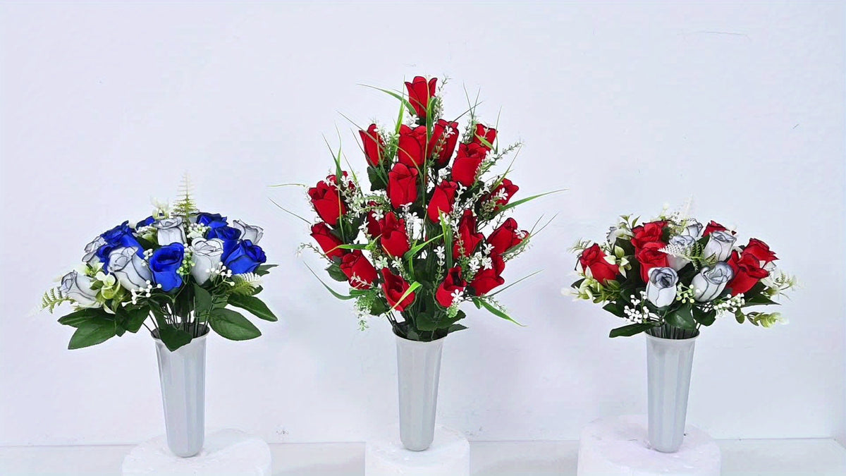 Artificial Cemetery Flowers for Grave with Saddles Silky Rose Bouquets with Vases Headstone Flower Saddle Memorial Day Outdoor Grave Headstone Decoration