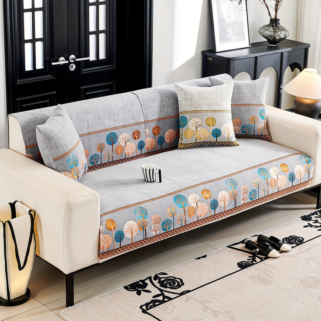 Bohemian Chenille Sofa Cover Tree Embroidery Print Thick Non-Slip Pet Friendly One-Piece Couch Protector Armchair Loveseat 3 4 Seater