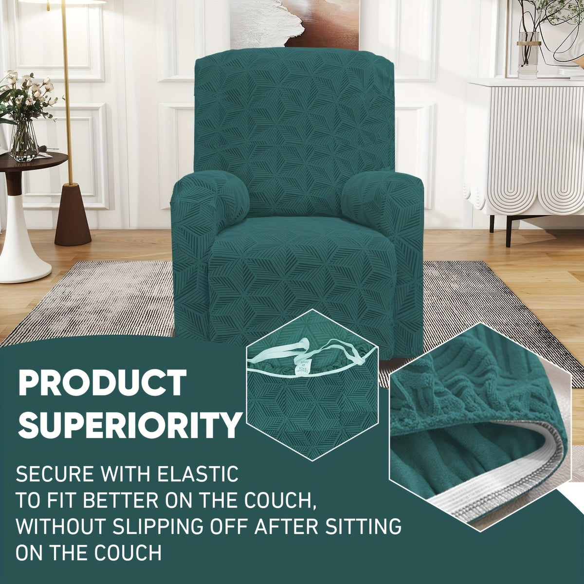 Stretch Spandex Armchair Slipcover with 2 Side Pockets & 2 Armrest Covers, 84% Polyester Jacquard Sofa Cover, Washable Pet Proof Furniture Protector for Living Room & Office, Peacock Blue Green Gray Khaki Coffee
