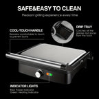 1200W Panini Press & Sandwich Maker 4-Slice Non-Stick Grill, 180° Flat Open, Adjustable Temp 120–428°F, Removable Drip Tray, LED Indicator, Cool-Touch Handle