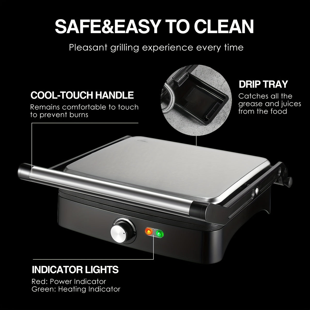 1200W Panini Press & Sandwich Maker 4-Slice Non-Stick Grill, 180° Flat Open, Adjustable Temp 120–428°F, Removable Drip Tray, LED Indicator, Cool-Touch Handle