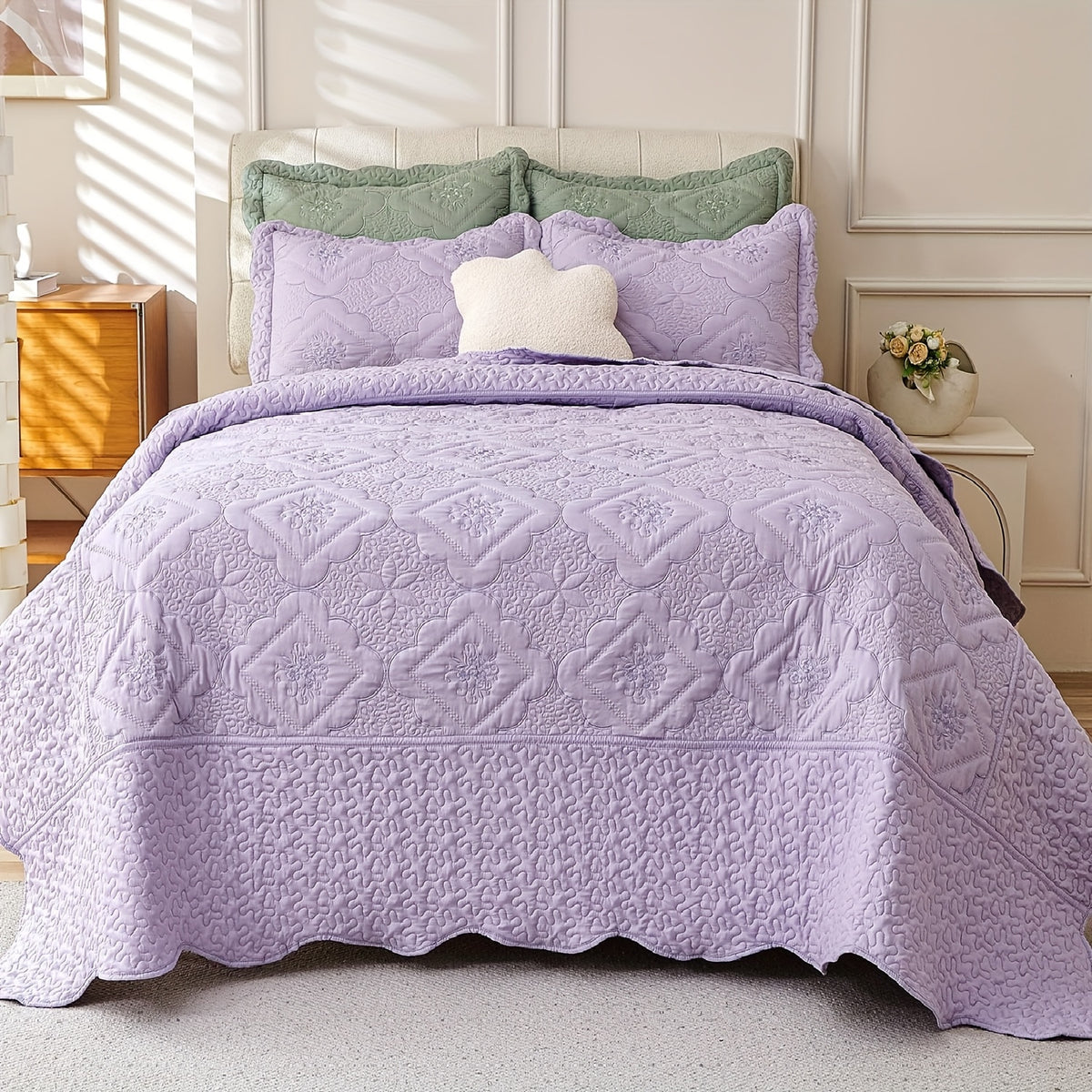 Quilted Embroidered Bedspread Set 3 Pcs – Floral Embroidery, 100% Polyester, Wrinkle-Resistant Lightweight Coverlet for Queen & King Bedroom Decor, 16 Colors