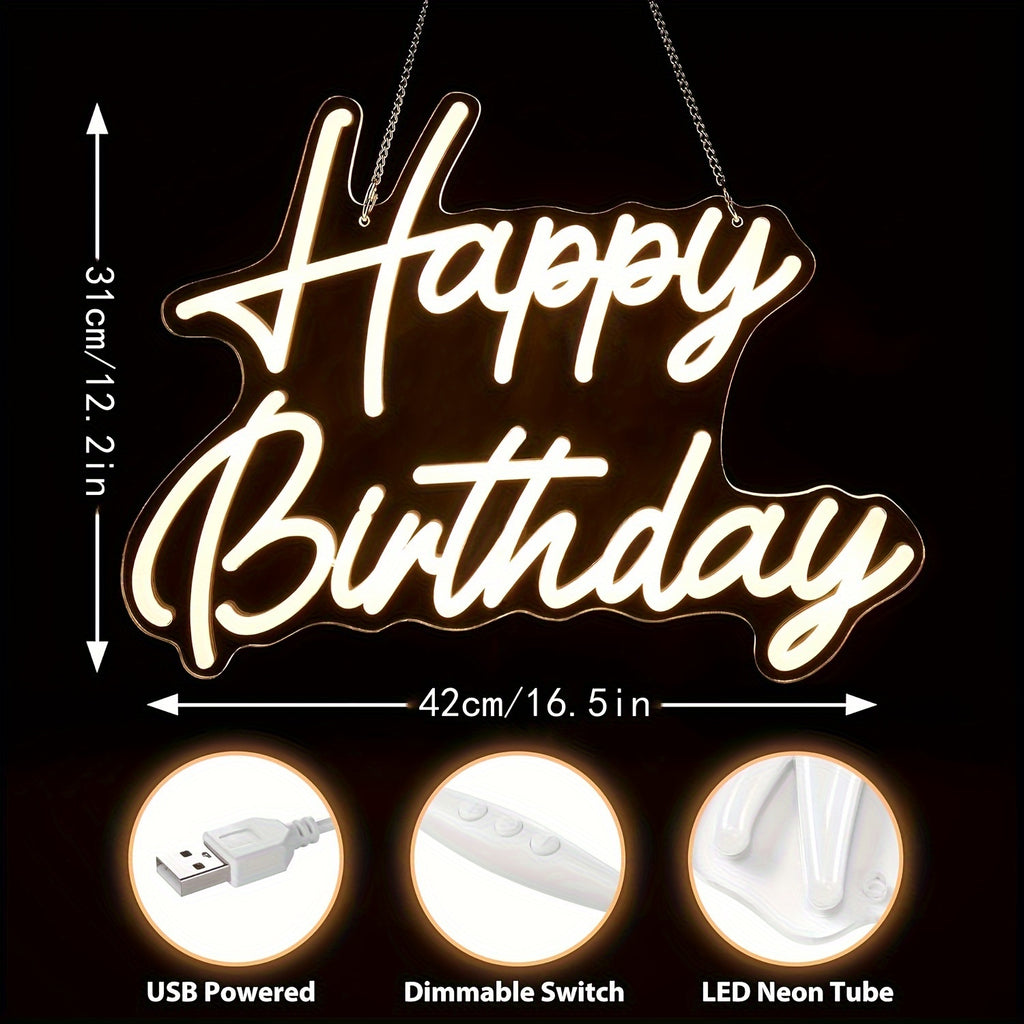 Happy Birthday Neon Sign Dimmable with Tropical Leaf Design, USB Powered LED Wall Decor, 16.5" x 12.2" – Birthday Party Decoration