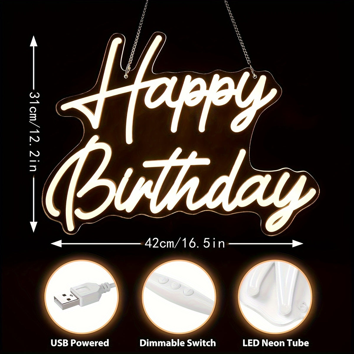 Happy Birthday Neon Sign Dimmable with Tropical Leaf Design, USB Powered LED Wall Decor, 16.5" x 12.2" – Birthday Party Decoration