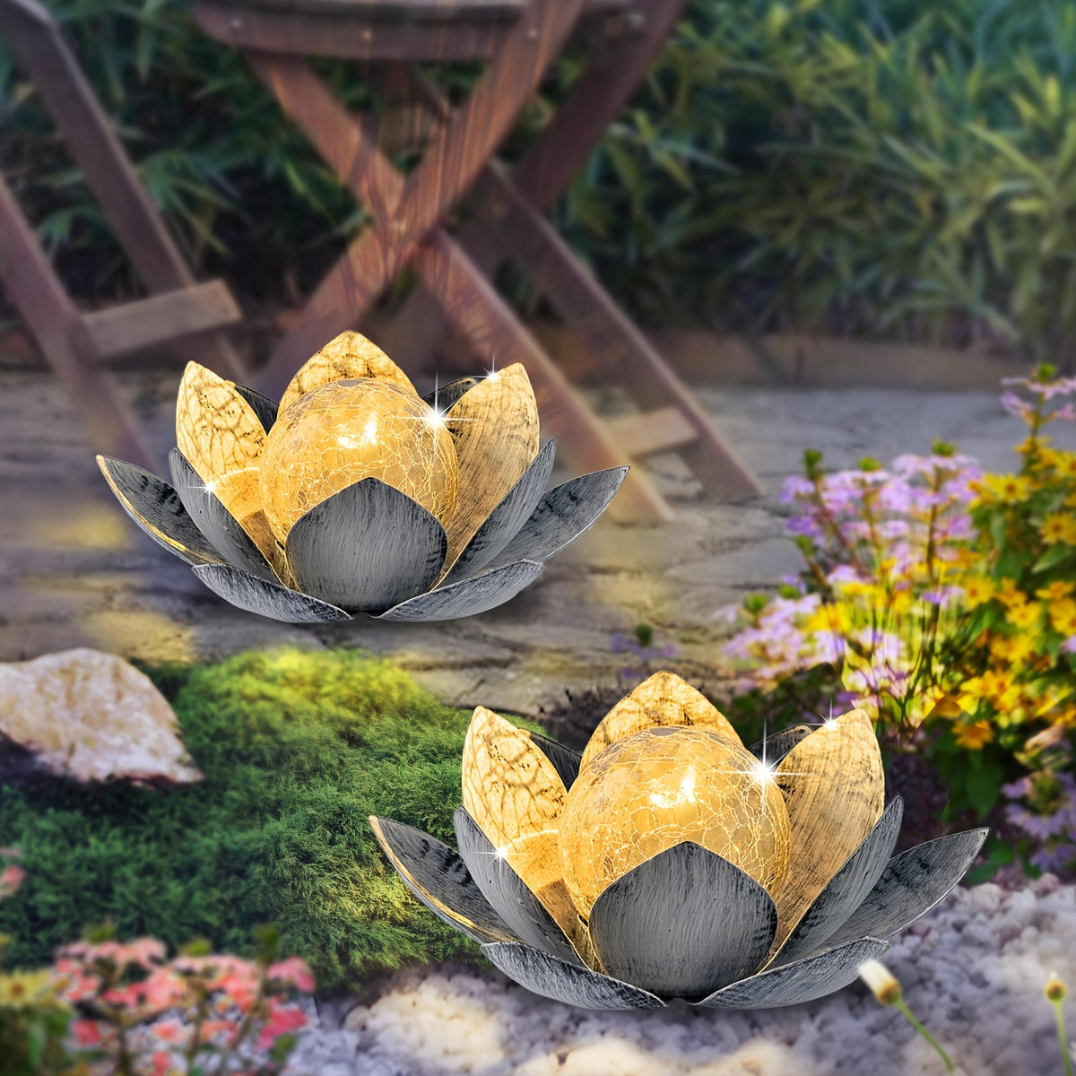 Solar Lotus Flower Garden Light with Cracked Glass Globe & LED Beads, Waterproof Outdoor Stake Light for Patio, Lawn, Steps & Yard, Auto Dusk-to-Dawn, Black White Solar Decorative Landscape Light